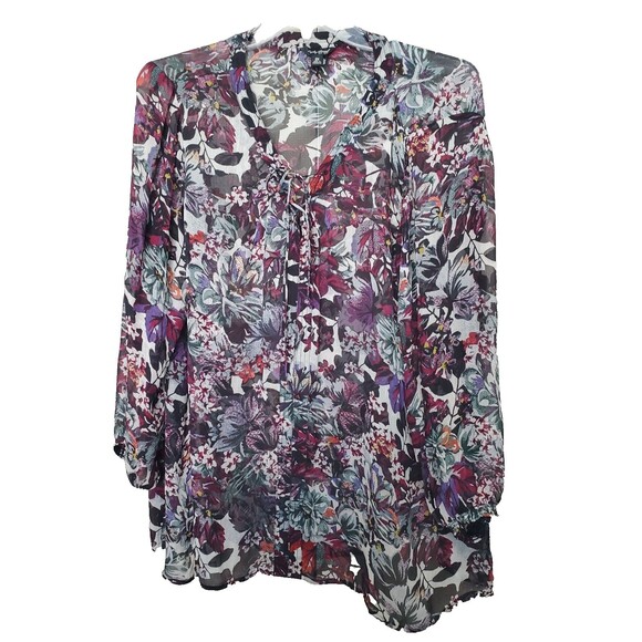 Lucky Brand Floral Sheer Lace-Up Tie-Neck Long Sleeve Tunic Size 2X Boho - Picture 1 of 7